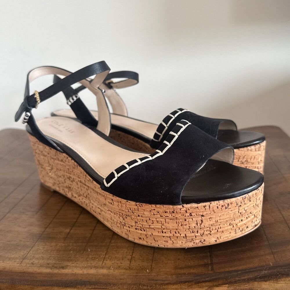 Cole Haan Black Wedge Sandals Women's 8B Comfort Summer
